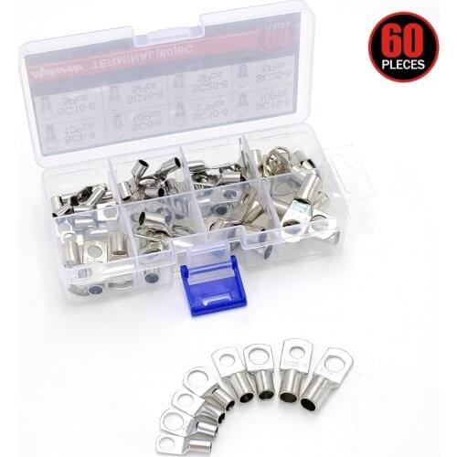 60pcs Bolt Hole Tinned Copper Cable lugs Battery Terminals set Comector Electrical crimping sleeves Cord Insulated