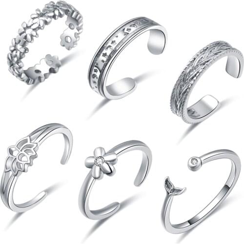 6pcs Toe Rings Set for Women Flower Star Shape CZ Open Tail Ring Adjustable Summer Vacation Dolphin Jewelry Gift