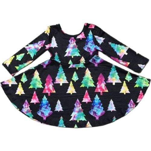 Girlymax Fall Winter Girls Christmas Tree Print Long Sleeve Twirl Dress