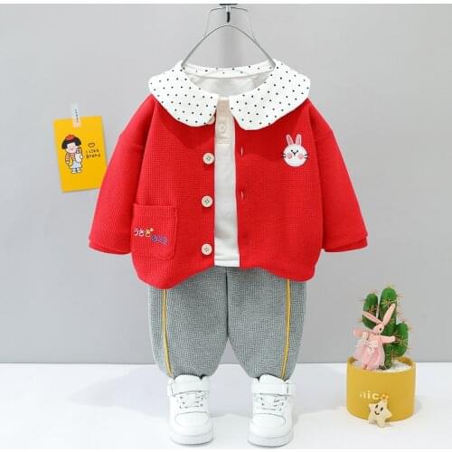 Fall Infant Baby Girls Clothes Outfits Casual Sets Cartoon Knitted Cardigan+Baby Collar T-shirt+Pants Newborn Girls Clothing