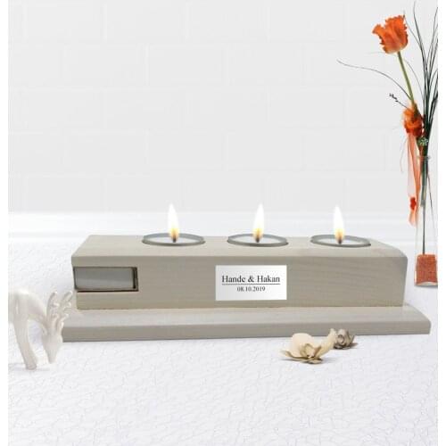 Personalized Is Decorative 3'lü Natural Wooden Candle Holder-Vintage White