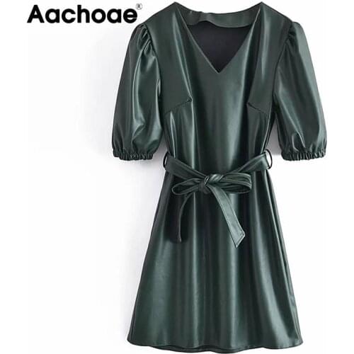 Aachoae PU Faux Leather Midi Dresses Women Puff Short Sleeve Solid Color Stylish Dress With Belt Female Elegant A Line Dresses