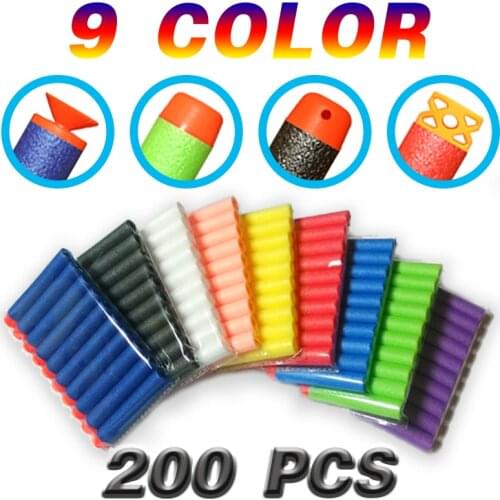 200pcs 9 Colors Soft Bullet Flat Soft Head Foam Bullets for Nerf N-strike Elite Series 7.2c*1.3cm HongC