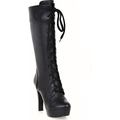 Cross-tied Round Toe Square Heel Winter High Heel Boots Lace-Up Super High Solid PU Knee-high Boots British Style Knee-High shoe