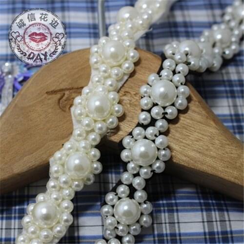 DIY New Beads Lace 2Yards 2cm White Black Pearl Lace Fabric Clothing Garment Accessories Collar Flower DIY Beads Lace Trim