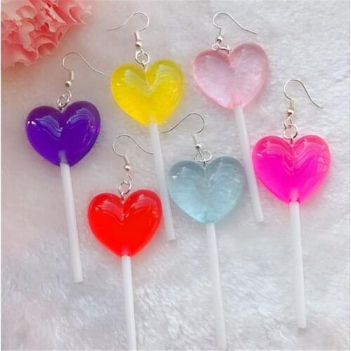 1Pair Cute Women Drop Earrings Flatback Resin Heart Lollipops Jelly Color Candy Dangle Jewelry for Children