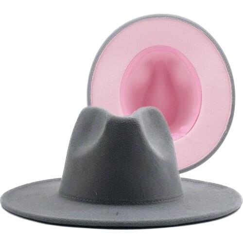 Simple Outer gray Inner pink Wool Felt Jazz Fedora Hats with Thin Belt Buckle Men Women Wide Brim Panama Trilby Cap 56-58-60CM