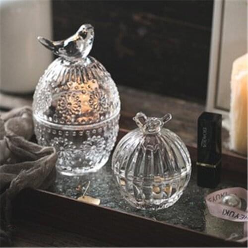 Retro Bird Glass Storage Box Transparent Embossed Cotton Swab Storage Jjewelry Storage Desktop Decoration