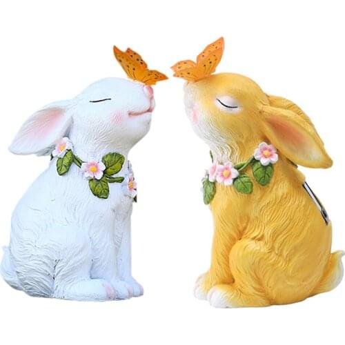 LED Solar Light Bunny Butterfly Sculpture Resin Yard Ornament Garden Lamp Ornament for Lawn Yard Art Decoration