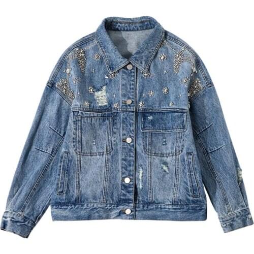 Embroidery three-dimensional diamond Denim jackets female single breasted Frayed hole denim outwear tops wq1558 dropship