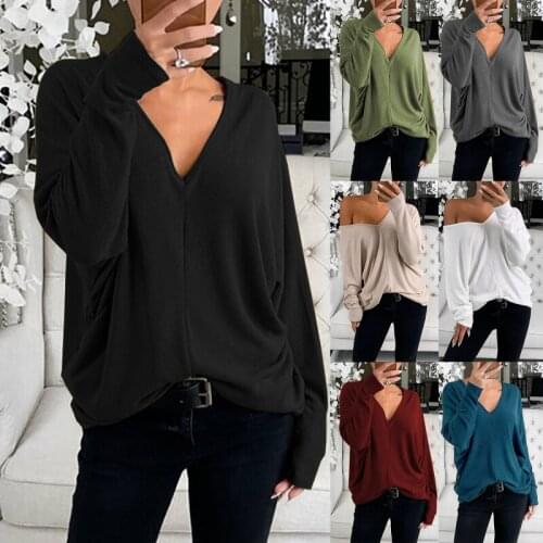 Women Autumn Winter V Neck Long Sleeve Base Shirt Loose Baggy Pullover Womens Clothing Mujer Camisetas