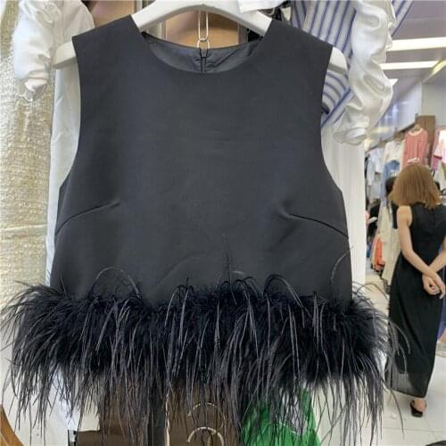 Temperament Feather Stitching Sleeveless Camisole Tank Women Autumn and Winter Sexy Crop Top Slim Fit White Black