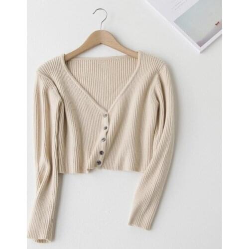 Knitted Crop Tops Women Fashion V Neck Long Sleeve Solid Color Sweater Female Vertical Knit Single Breasted Short Cardigans