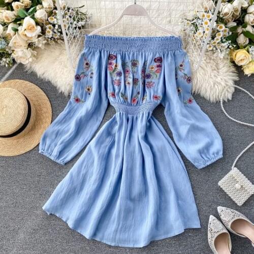 Boho 2021 Sexy embroidery flower spring Off Shoulder Dress Summer Short elastic waist Party Women Casual a-line beach dress
