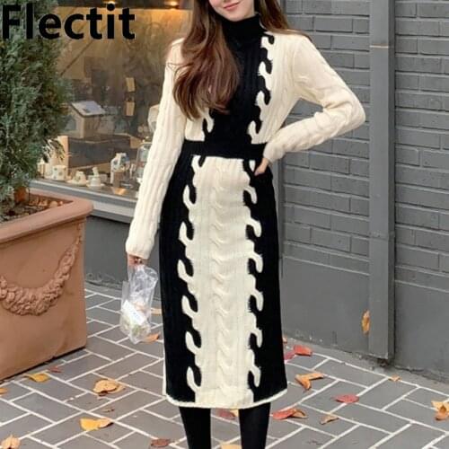Flectit High Fashion Women Color Block Ribbed Knit Turtleneck Long Sweater Dress Long Sleeve Fall Winter Lady Outfit