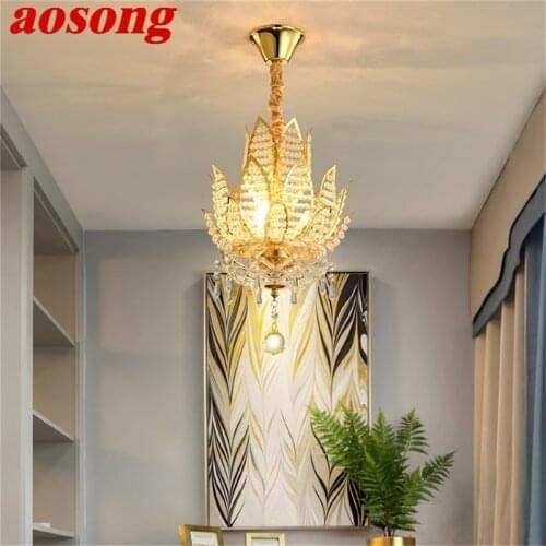 AOSONG Gold Chandelier Fixtures Modern Creative Lotus Crystal Pendant Lamp Light Home LED for Decoration