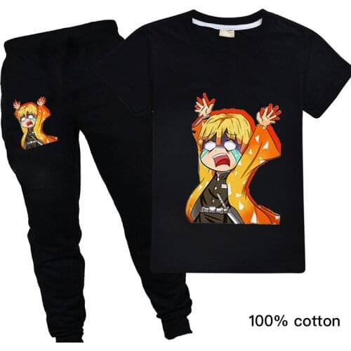 Cute Japanese Anime Kawaii Toddler Boys Clothing Set Cartoon Demon Slayer Short Sleeve T-shirts+pants 2PCS Harajuku Clothes