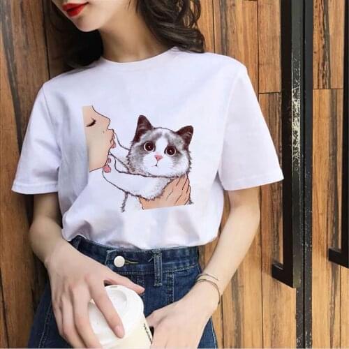 90s Girl Harajuku Tshirt O-neck Short Sleeve Tshirt Summer Tshirt Ladies Cute Cat Refuses To Kiss Fun T-shirt Female