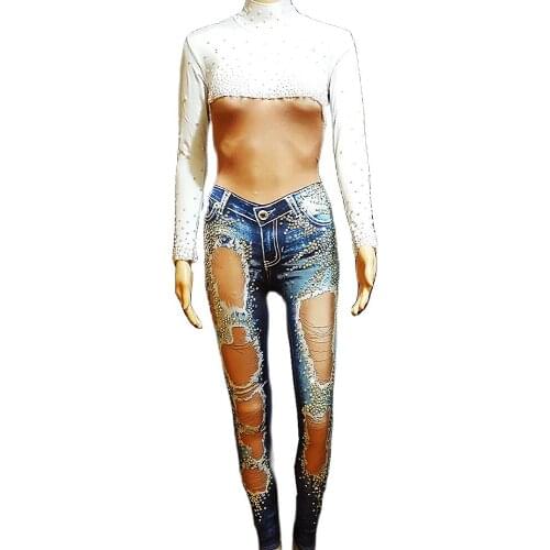 Glitter Diamond Women Long Sleeve Jumpsuit Frayed Big Hole Denim Romper Nightclub Singer DS Show Stage Wear Pole Dancing Costume