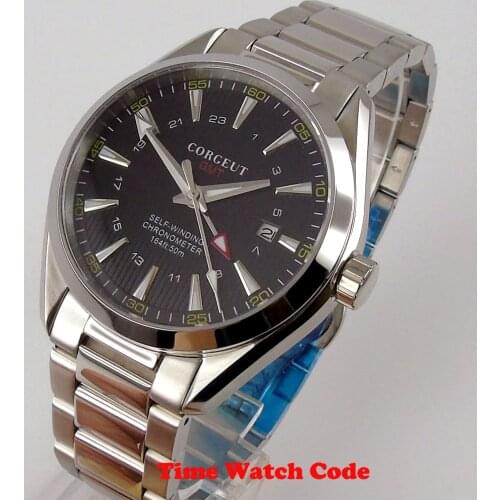 Corgeut 41mm Automatic Mens Wristwatch GMT 3804 Movement Sapphire Glass Date Indicator Luminous SS Bracelet Mechanical Watches