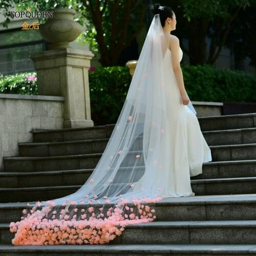TOPQUEEN V95 Wedding Veu of Bride 3 M 3d Flowers Bridal Veils Wedding Cathedral Bride Veil Cover Front and Back with blusher