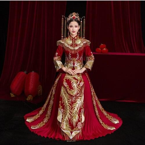 FZSLCYIYI Exquisite Embroidery Phoenix Chinese Traditional Bride Wedding Dress Female Dragon Gown Slim Cheongsam Evening Gown