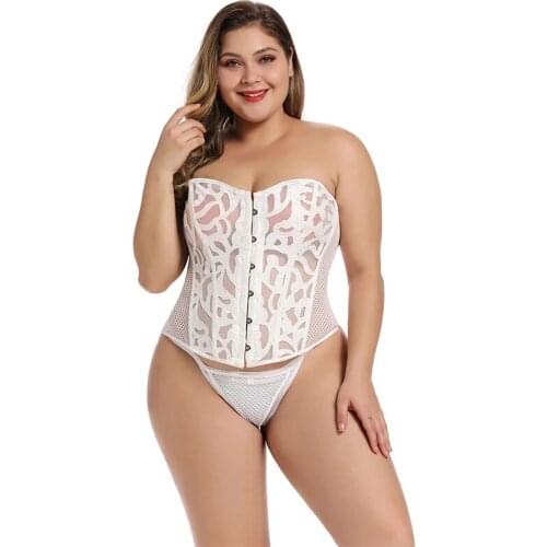 Faux Leather Mesh Corset Plus Size Gothic Corset&Bustier Elastic Net Hollow Out Flowers Design Buckles Closure Body Shaper 8124