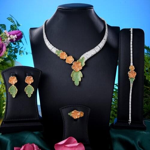 KellyBola Jewelry 2021 Luxury Bright Flower Zircon 4PCS Jewelry Set Ladies Banquet Show Fashion High Quality Accessories Jewelry