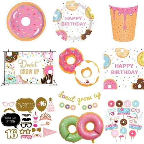 Sweet 16th Donut Party Decoration Birthday Balloon Background Decoration Doughnut Grow up Happy Birthday Anniversary Baby Shower