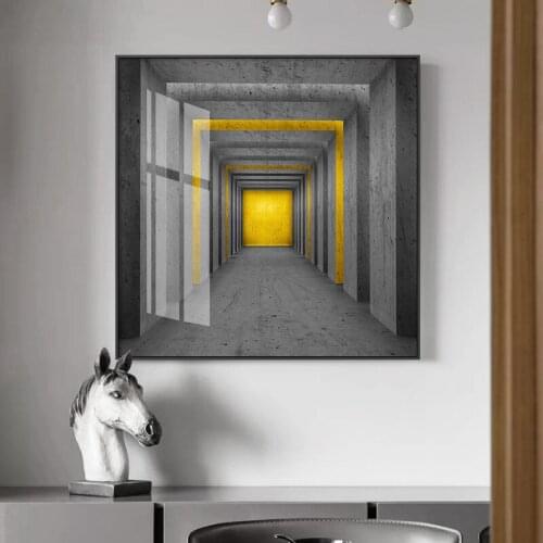 Fashion Square Endless Hallway Canvas Painting Poster Prints Black And Yellow Building Wall Art Pictures For Living Room Bedroom