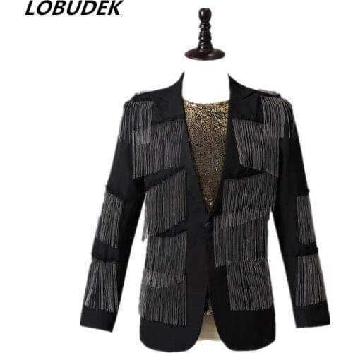 Mens Bar Evening Party Concert Tassel Blazers Metal Chain Fringe Casual Suit Jacket Singer Dancer Groups Tide Slim Coat