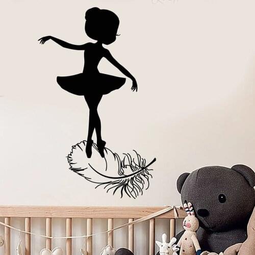 Little Girl Wall Decal Ballerina Silhouette Ballet Studio Dance Room Interior Decor Bird Feather Art Vinyl Window Stickers S1464
