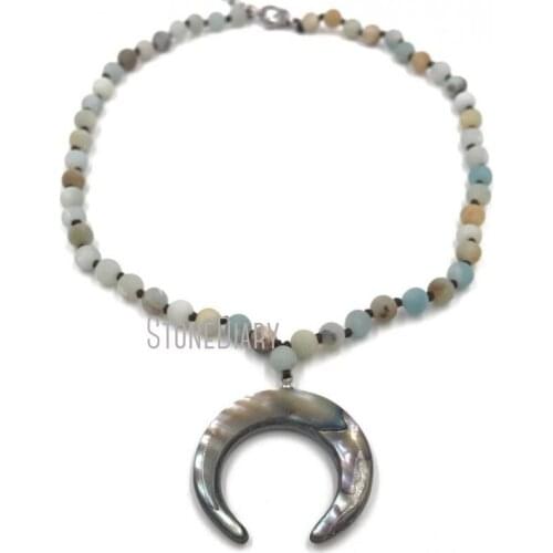 Hand Knotted Round Matte Amazonite Beaded Necklace With Crescent Abalone Shell Pendant Charm Double Horn Beads Necklace NM11369