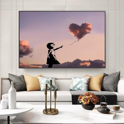 Little Girl Flying Love Cloud Balloon Posters and Prints Canvas Paintings Wall Art Pictures for Living Room Decor No Frame