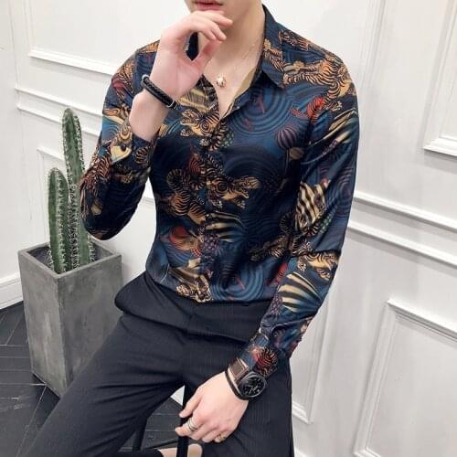 Animal Print Shirt Men Chemise HommeSlim Fit Long Sleeve Shirt Camisa Masculina Blue Social Men Club Prom Shirt 2019 Spring