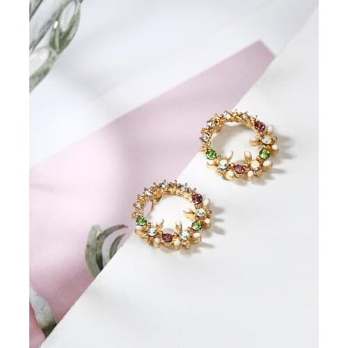 Shiny Color Crystal Stud Earrings New Fashion Round Circle Flower Design Ear Jewelry Elegant Party Birthday Gift For Girl