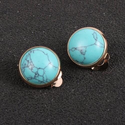 BOHO Natural Stone 12mm Small Turquoises Crystal Beads Clips Earrings For Women Girls Gold Copper No Piercing Ear Cuffs