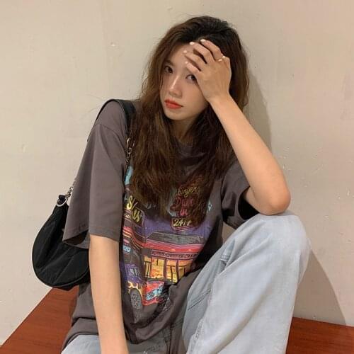 Womens t-shirt Oversized t-shirt New American Vintage Motel print short sleeve T-shirt womens loose ins top in 2021 summer