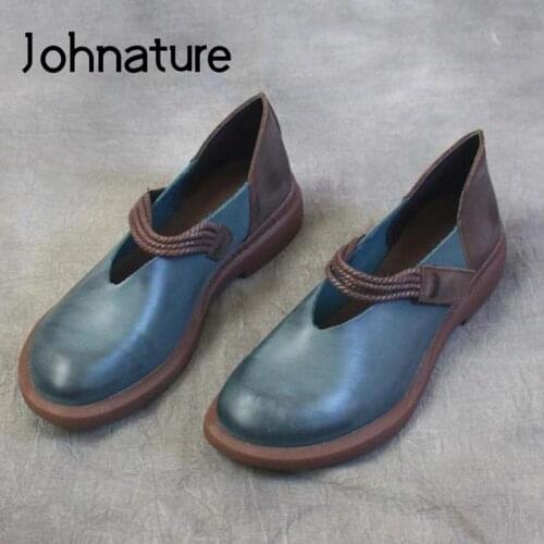 Johnature Genuine Leather Flats Women Shoes Hook & Loop 2021 New Spring/Autumn Shallow Handmade Concise Retro Ladies Shoes