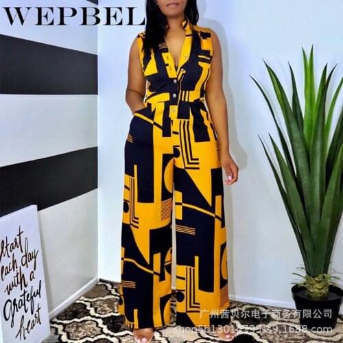 WEPBEL Women Elegant Patchwork Loose Playsuit Ladies Casual Jumpsuit Sleeveless V Neck Print Romper Wide Leg Pants Overalls