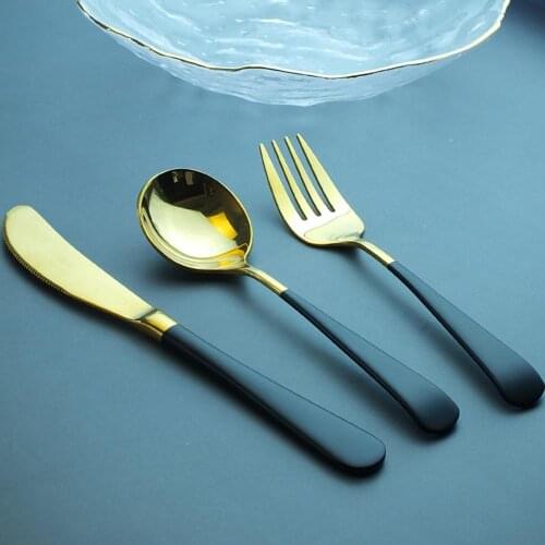 Hot 3pcs green gold stainless steel fork spoon knife Hot round spoon Knife fork spoon set tableware silverware dinning set