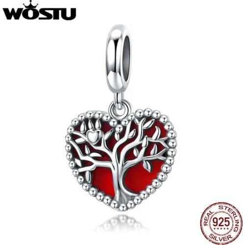 WOSTU Tree of Love 925 Sterling Silver RED CZ Charms Beads Fit Charms Silver 925 Original Christmas Jewelry