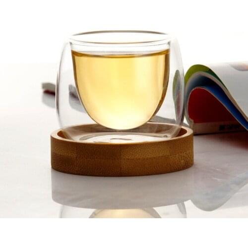 Double Wall Teacup with Bamboo Tray Set Heat-Resistant Small Tea Coffee Milk Cups Creative Transparent Tumble Office Drinkware