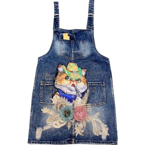 Cartoon Sequined Pockets Girls Ripped Jeans Dress Elegant Summer Women Denim Casual Loose Overalls Female Adjustable Strap Jeans