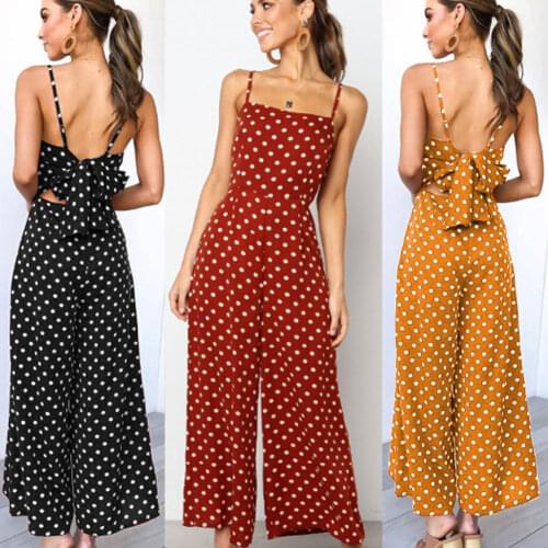Elegant Sexy Jumpsuits Women Sleeveless Polka Dots Loose Trousers Wide Leg Pants Rompers Holiday Backless Bow Leotard Overalls