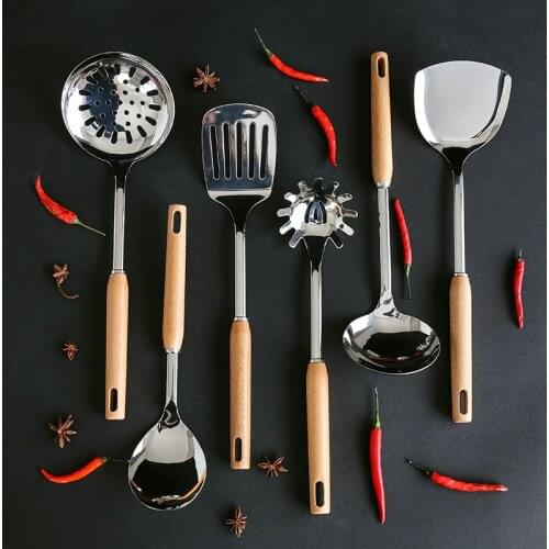 Stainless Steel Cooking Tools Utensil Gadgets Spoon Spatula Ladle Slotted Turner Wooden Handle Kitchen Cookware Home Supplier