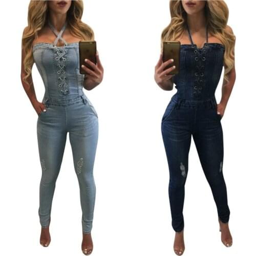 APIPEE Black Ripped Jeans Fashion Denim Jumpsuits Off Shoulder Harness Bodysuit Sleeveless Backless Sexy Jeans Jumpsuit Macacao