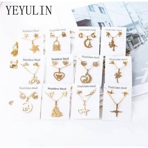 New Animal Heart Fish Stainless Steel Pendant Necklace Jewelry Sets For Women Bear Gold Silver Color Necklace Earrings Jewelry