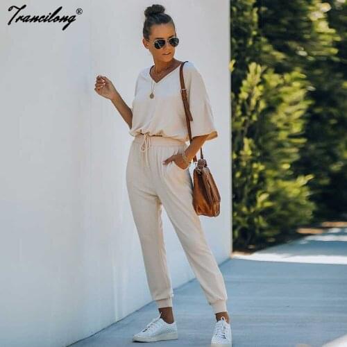 New Pants Set Clothes Solid V Neck Half Sleeve Pullover Conjunto Verano Mujer Slim Casual Home Wear Two Piece Suit Women Outfits