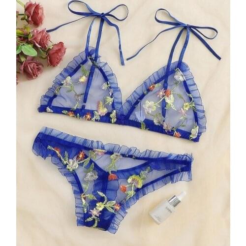 Women Lingerie Set Sexy Embroidery Floral Mesh Underwear Set Babydoll Exotic See Through Red Bondage Lingerie Erotic Bra Panties